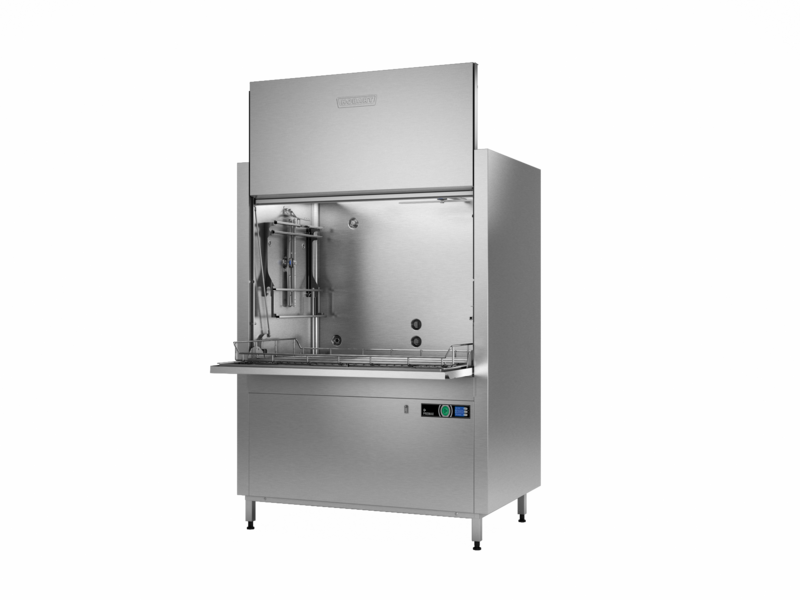 Premium gereedschappen wasmachine. Een verdubbeling van de capaciteit ten opzichte van de UP. Door de wasarmen aan de zijkanten in de machine is de capaciteit voor GN bakken en 600 x 400 kratten ook vergroot.