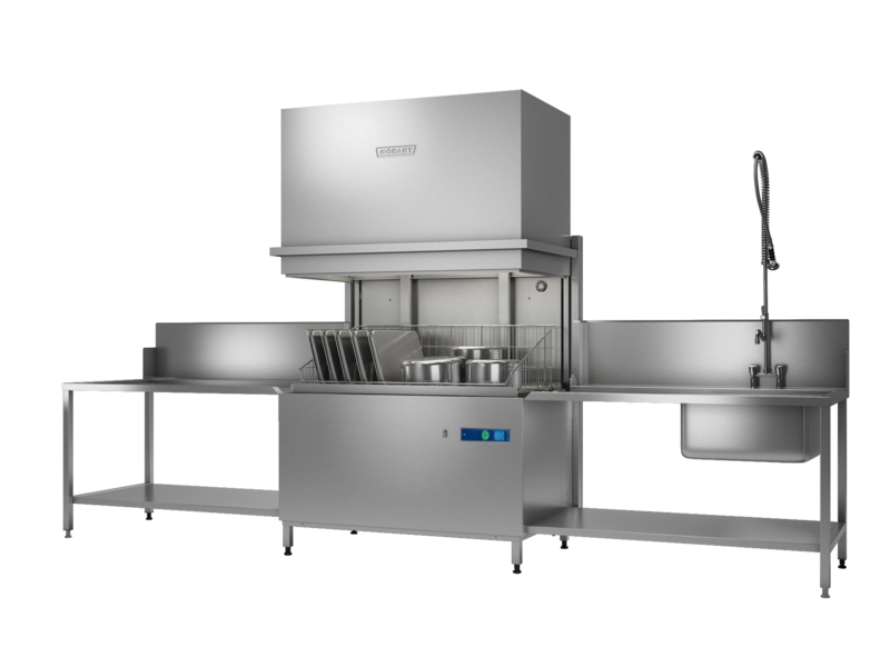 De PROFI UXTH doorschuif gereedschappen wasmachine met dubbele capaciteit voor extra veel vaat. Reinigt potten en pannen, maar is ook geschikt voor gietijzeren kookplaten, bakplaten, dienbladen en keukengereedschappen. Perfecte wasresultaten.