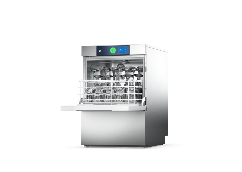 Het compacte model voor professioneel gebruik. Met een waterverbruik van slechts 1.9L per wasbeurt is het de zuinigste glazenwasmachine op de markt. Rek afmeting 400 x 400 mm, installatiehoogte 700 mm.