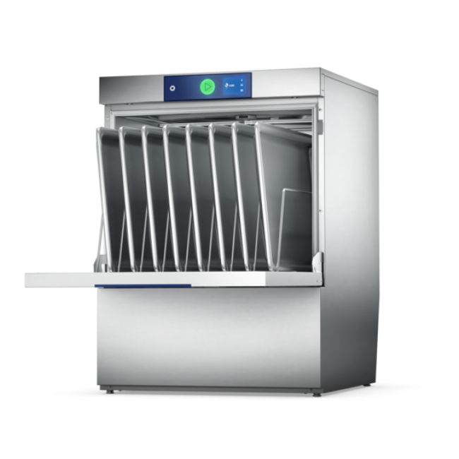 De PROFI voorlader vaatwasmachine met een XL waskamer voor het wassen van plateaus, bakplaten en vleeskratten. Ideaal voor in de bakkerij, slagerij, catering of fast food restaurants.